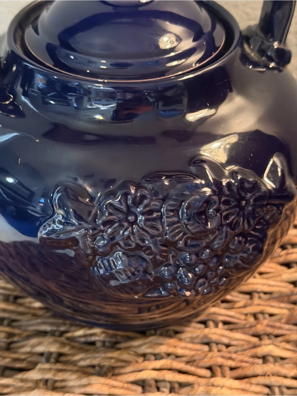 Made in Italy Cobalt Blue Ceramic Teapot Kettle Raised Fruit Floral Decor